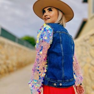 One of One Custom Made Sequin Sleeve Denim Jacket